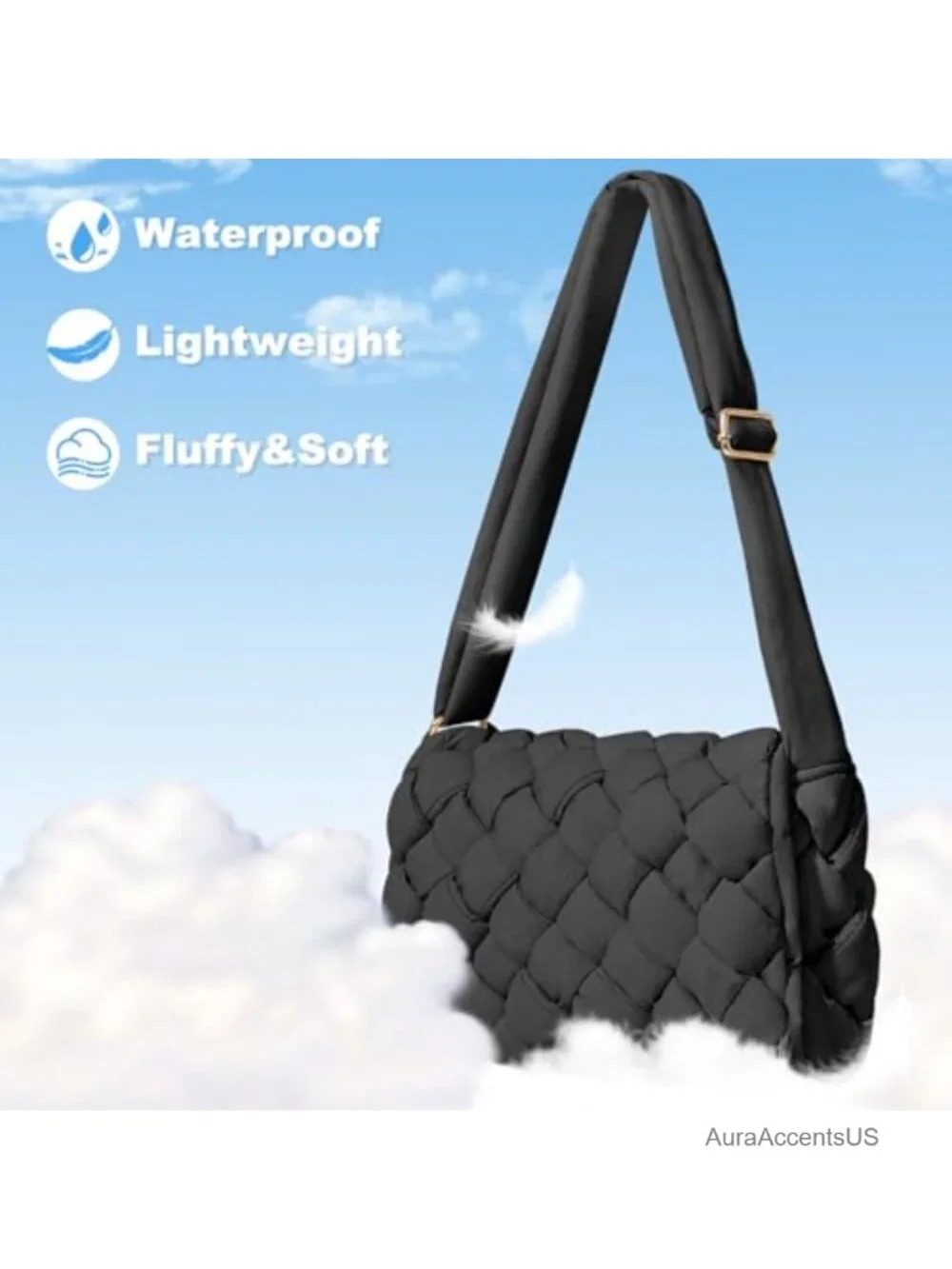 Small Puffer Crossbody Bag, Lightweight Quilted Woven Purse with Adjustable
